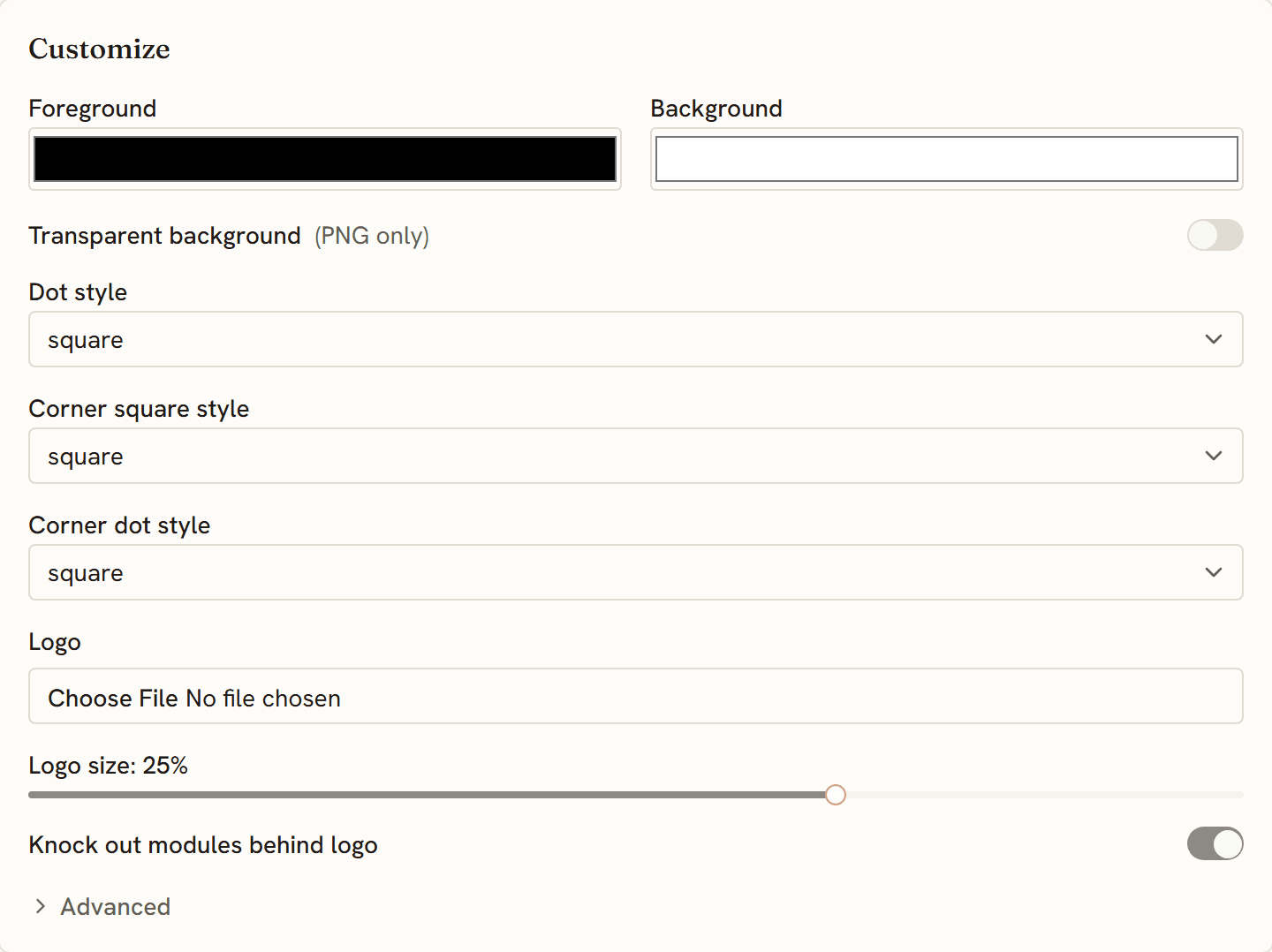 The Customize panel with colors, dot and corner styles, and a logo upload.