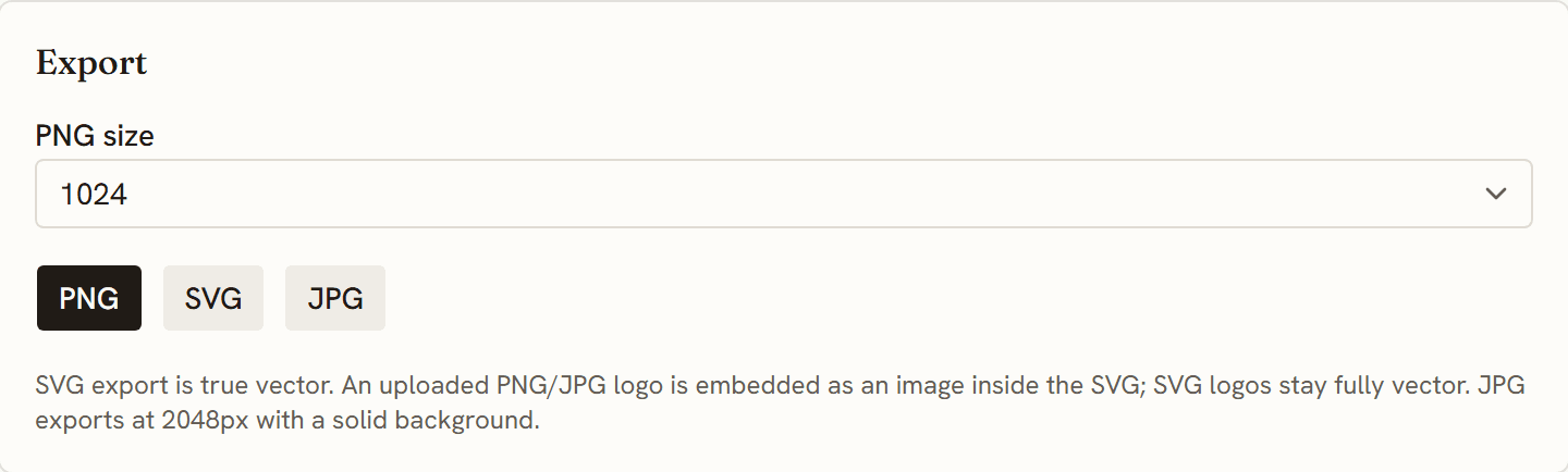 The Export panel with a PNG size selector and PNG, SVG, and JPG download buttons.