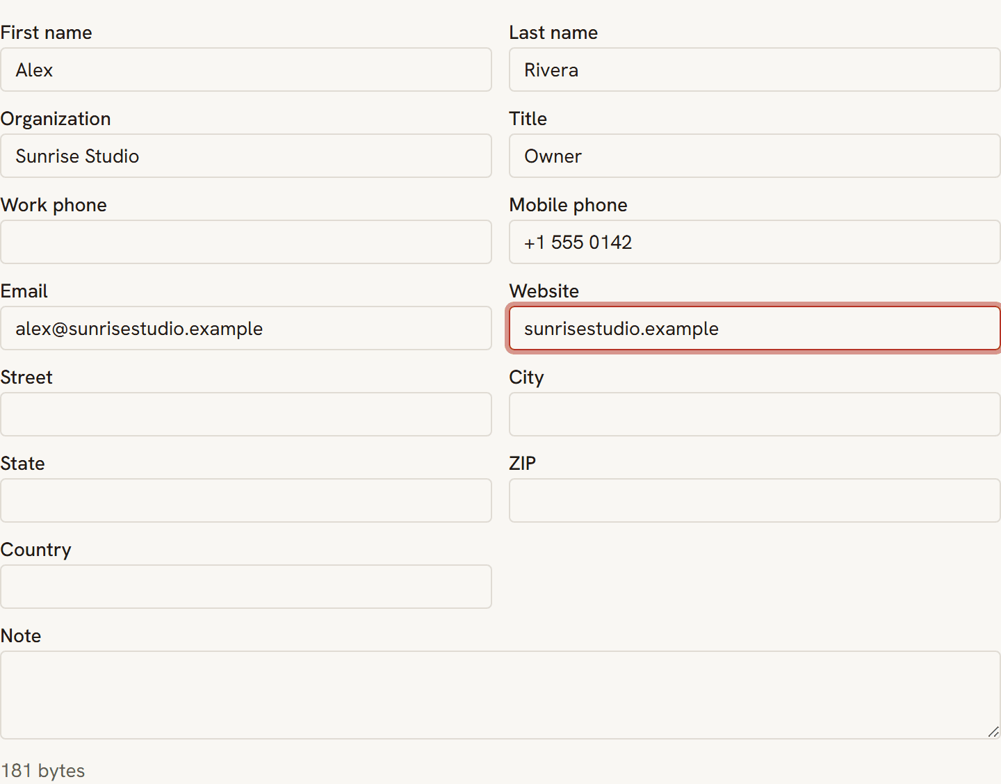 The KeptQR vCard form filled in with a name, organization, title, phone, email, and website.