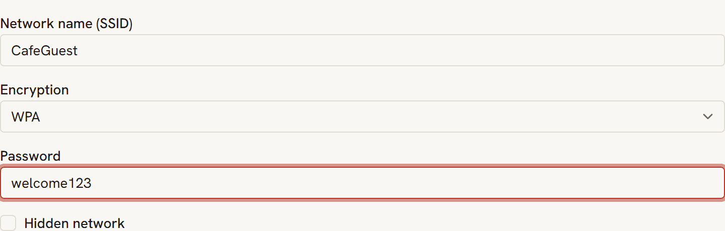 The KeptQR Wi-Fi form filled in with a network name, WPA encryption, and a password.